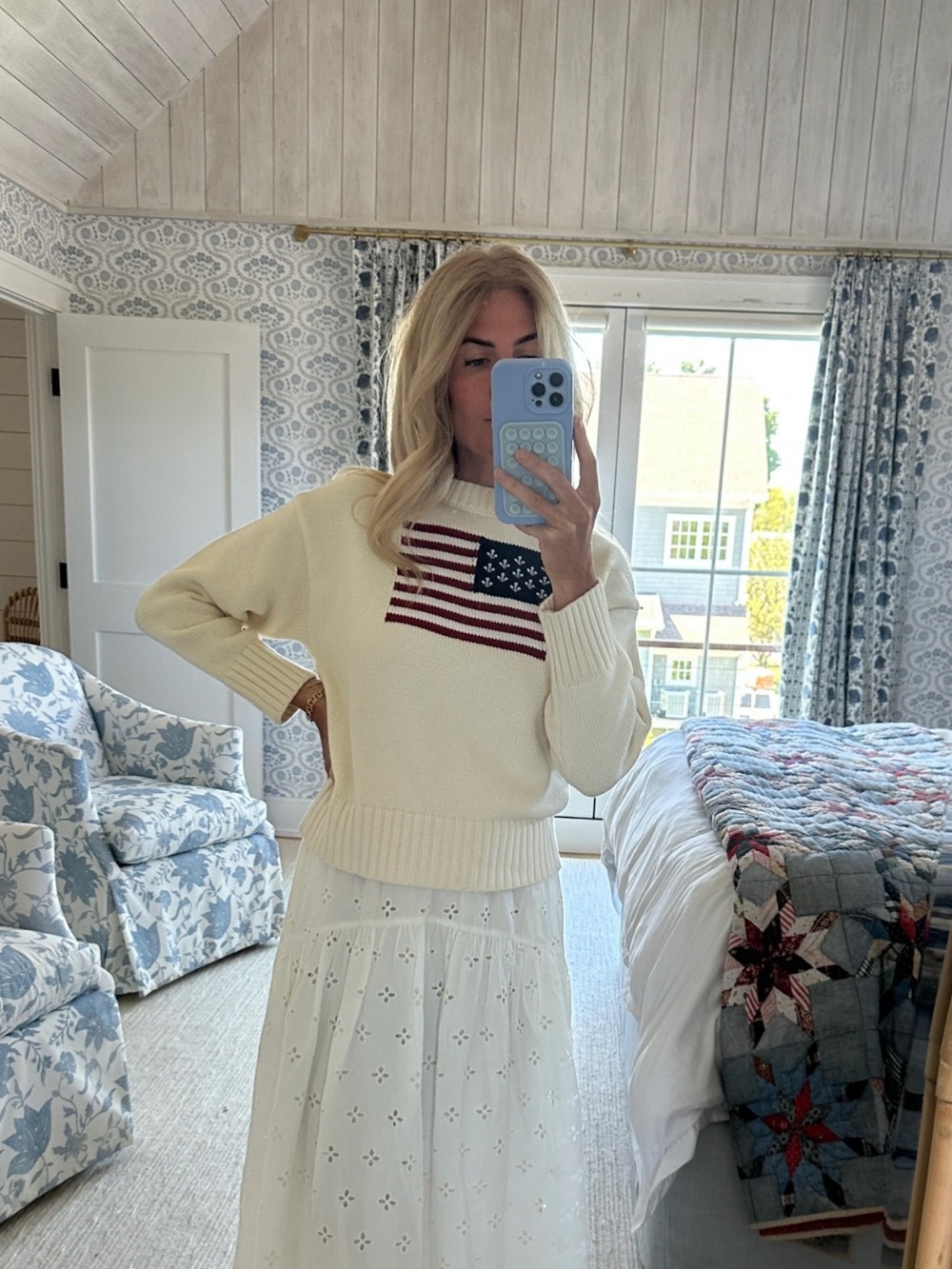 Cream Crewneck Sweater with Flag